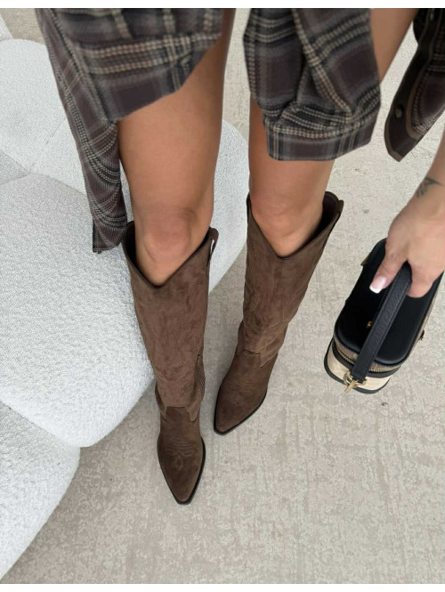 Buty kowbojki wysokie zamszowe we wzory jasny brąz RODEO - photo #3