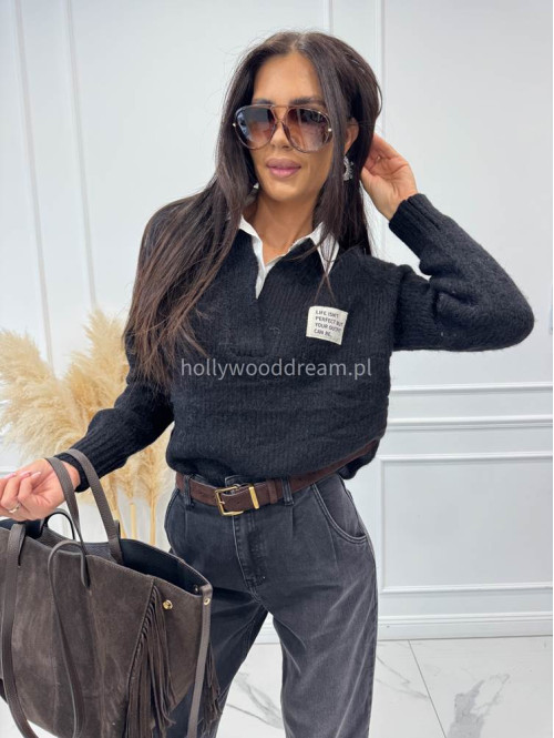 Sweter z koszulowym kołnierzykiem czarny Jasmine 52 - photo #10