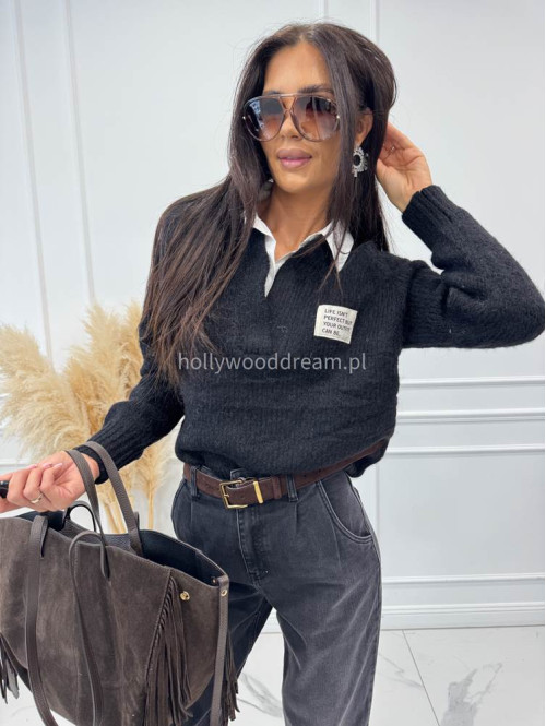 Sweter z koszulowym kołnierzykiem czarny Jasmine 52 - photo #11