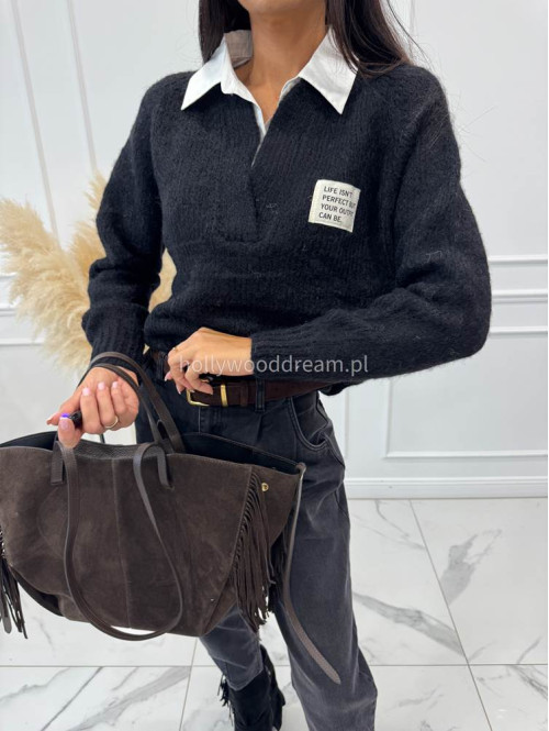 Sweter z koszulowym kołnierzykiem czarny Jasmine 52 - photo #12