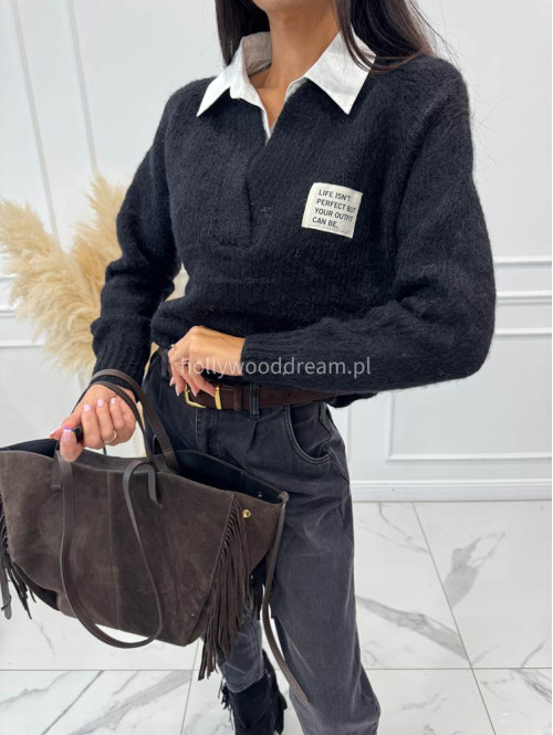 Sweter z koszulowym kołnierzykiem czarny Jasmine 52 - photo #13