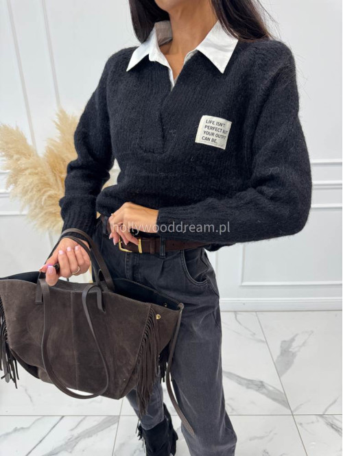 Sweter z koszulowym kołnierzykiem czarny Jasmine 52 - photo #14