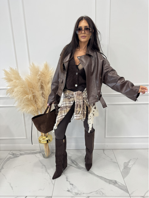 Koszula w krate wykończona haftem na dole oliwkowo-brązowa GABRIEL - photo #31