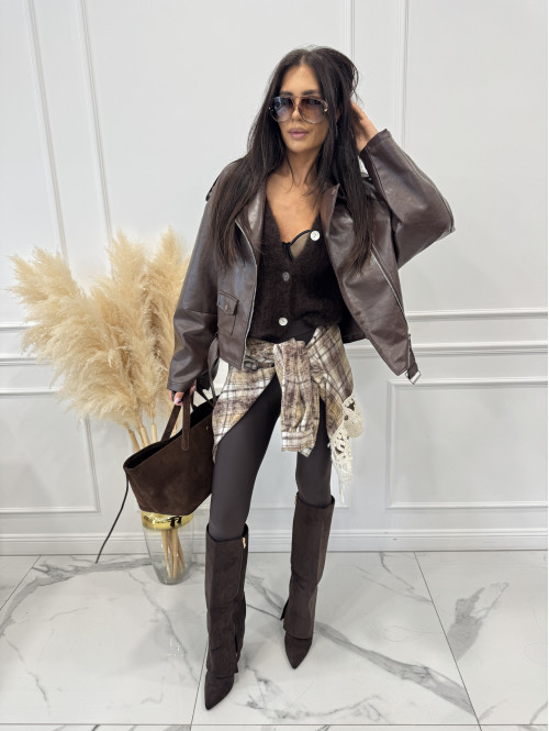 Koszula w krate wykończona haftem na dole oliwkowo-brązowa GABRIEL - photo #32