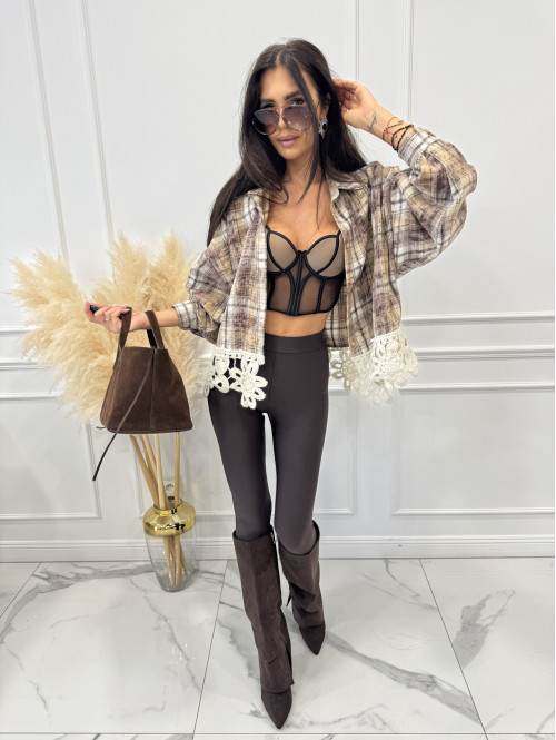 Koszula w krate wykończona haftem na dole oliwkowo-brązowa GABRIEL - photo #36