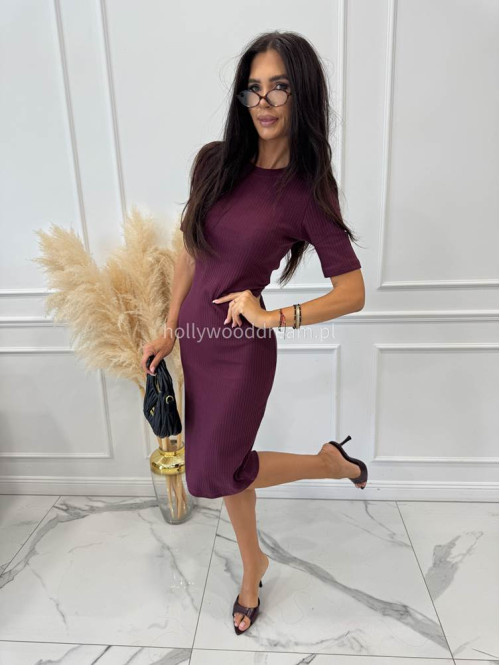 Sukienka midi dzianinowa na krótki rękaw prążkowana bordowa SANDRA 44 - photo #8