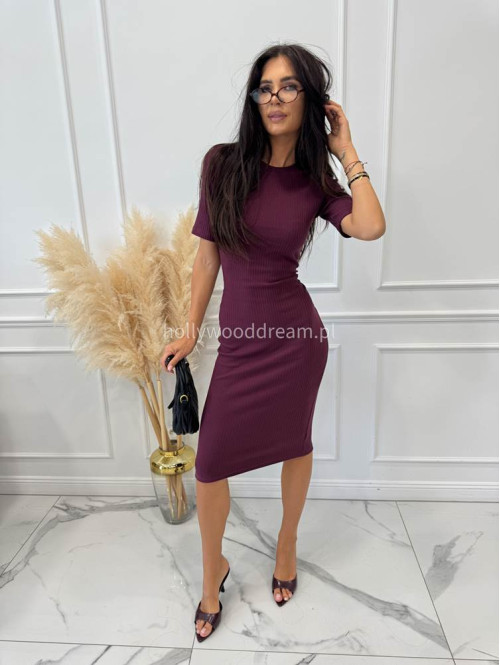 Sukienka midi dzianinowa na krótki rękaw prążkowana bordowa SANDRA 44 - photo #9