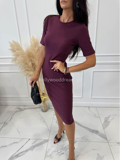 Sukienka midi dzianinowa na krótki rękaw prążkowana bordowa SANDRA 44 - photo #11