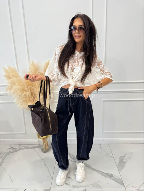 Spodnie jeans balloon fit bawełna ciemny granat LOOSE 192 - photo #17