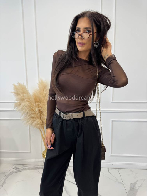 Bluzka ze wstawkami i rękawami z siateczki czekoladowa OLGA 30 - photo #10