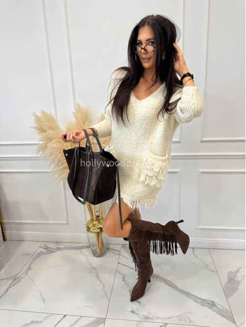 Sweter oversize z kieszeniami i frędzlami kremowy EDA 17 - photo #1