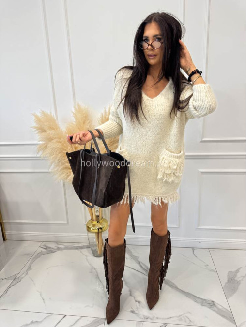Sweter oversize z kieszeniami i frędzlami kremowy EDA 17 - photo #2