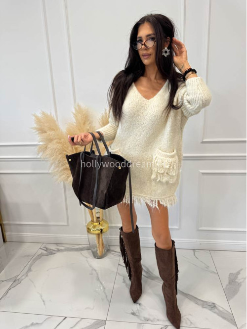 Sweter oversize z kieszeniami i frędzlami kremowy EDA 17 - photo #3