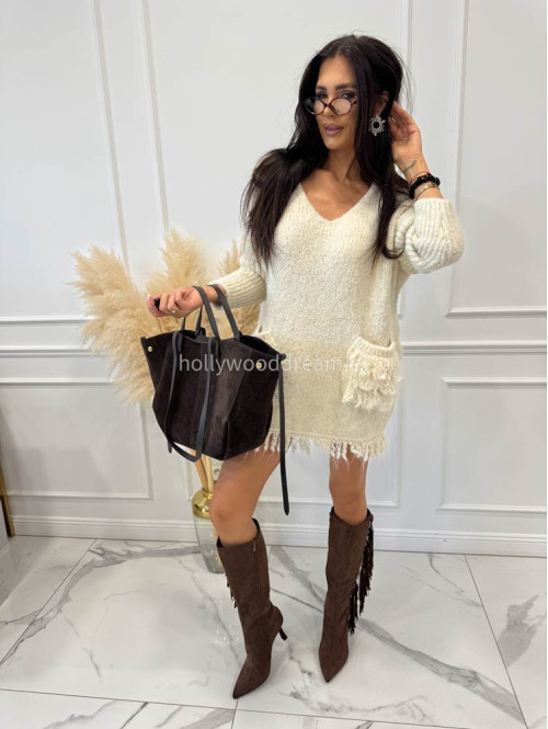 Sweter oversize z kieszeniami i frędzlami kremowy EDA 17 - photo #4