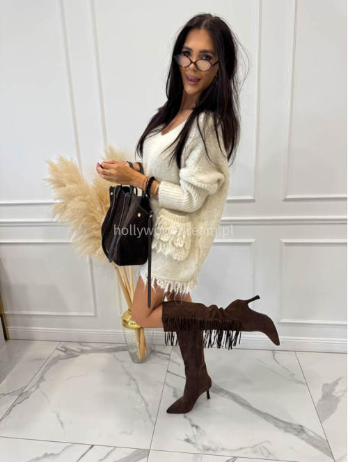 Sweter oversize z kieszeniami i frędzlami kremowy EDA 17 - photo #5