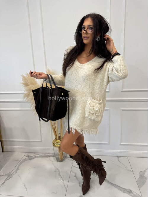 Sweter oversize z kieszeniami i frędzlami kremowy EDA 17 - photo #8