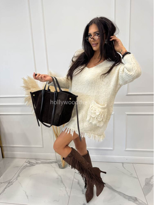Sweter oversize z kieszeniami i frędzlami kremowy EDA 17 - photo #10
