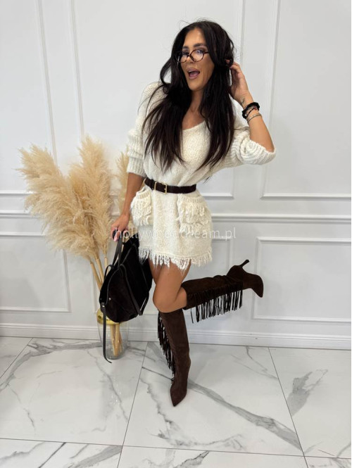 Sweter oversize z kieszeniami i frędzlami kremowy EDA 17 - photo #23