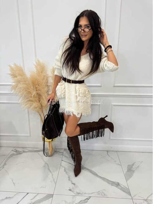 Sweter oversize z kieszeniami i frędzlami kremowy EDA 17 - photo #24