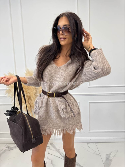 Sweter oversize z kieszeniami i frędzlami beżowy EDA 17 - photo #9