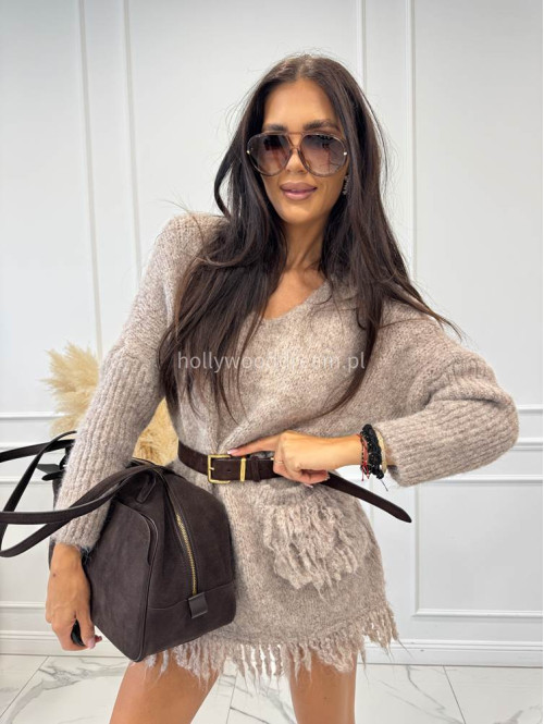 Sweter oversize z kieszeniami i frędzlami beżowy EDA 17 - photo #11