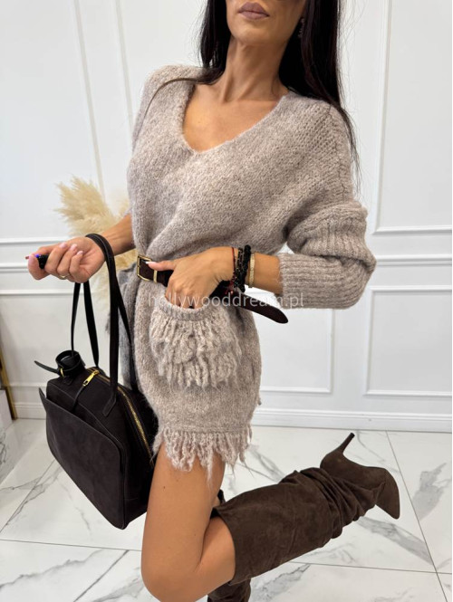 Sweter oversize z kieszeniami i frędzlami beżowy EDA 17 - photo #14