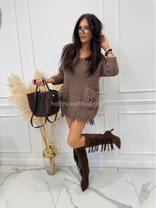 Sweter oversize z kieszeniami i frędzlami mokka EDA 17 - photo #2