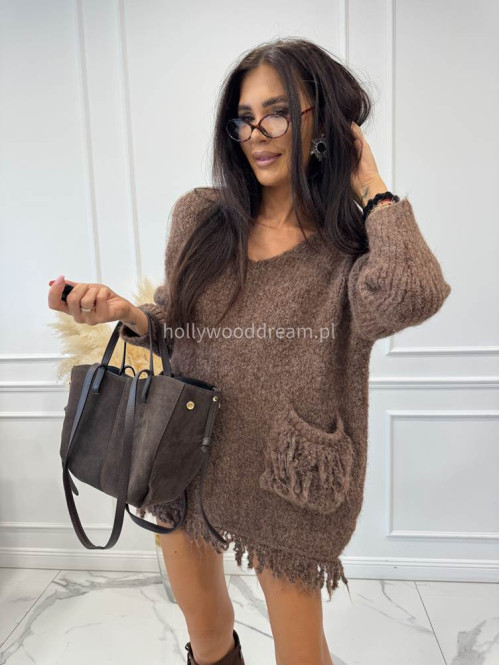 Sweter oversize z kieszeniami i frędzlami mokka EDA 17 - photo #7