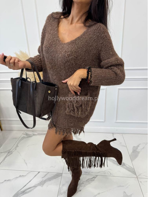 Sweter oversize z kieszeniami i frędzlami mokka EDA 17 - photo #12