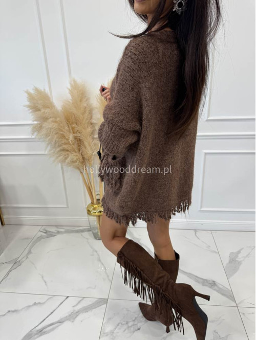 Sweter oversize z kieszeniami i frędzlami mokka EDA 17 - photo #13