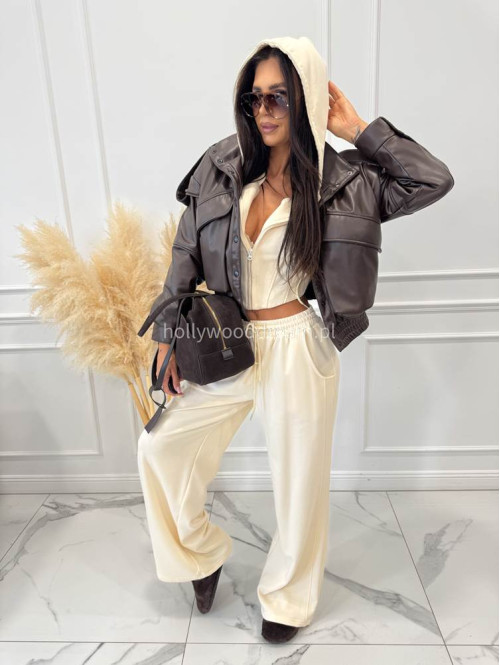 Komplet dresowy bluza rozpinana z kapturem+spodnie dzwony kremowy MAX 131 - photo #18