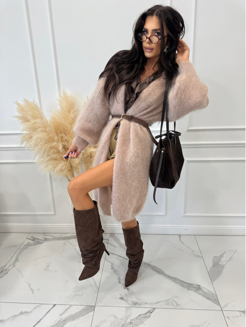 Sweter kardigan midi moherowy beżowy REKS 190