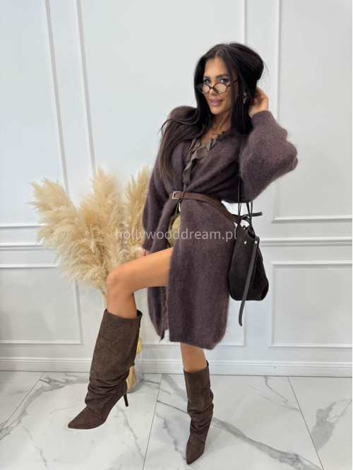 Sweter kardigan midi moherowy czekoladowy REKS 190 - photo #14