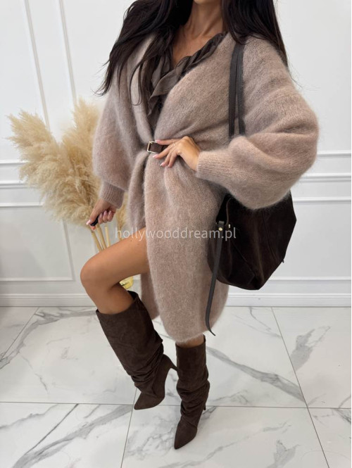 Sweter kardigan midi moherowy beżowy REKS 190 - photo #1