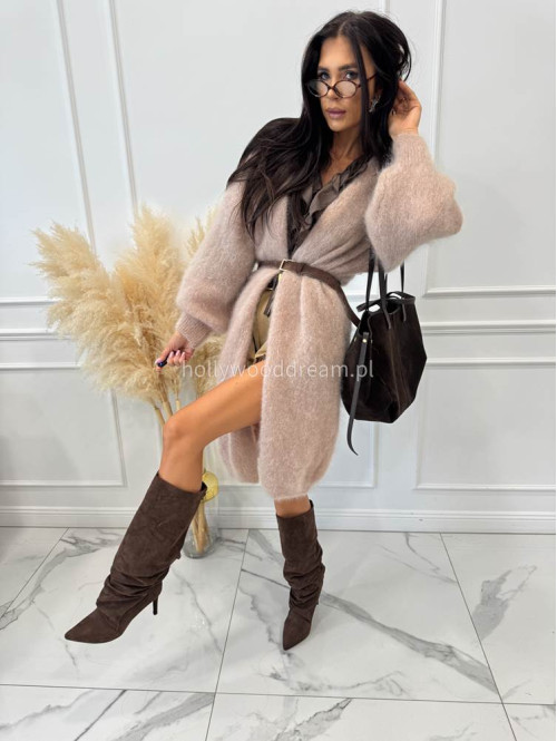 Sweter kardigan midi moherowy beżowy REKS 190 - photo #6
