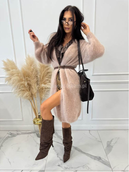 Sweter kardigan midi moherowy beżowy REKS 190 - photo #8