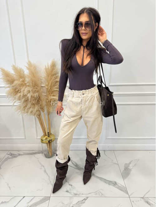 Beżowe spodnie sztruksowe z gumką w pasie AMADEO 52 - photo #20