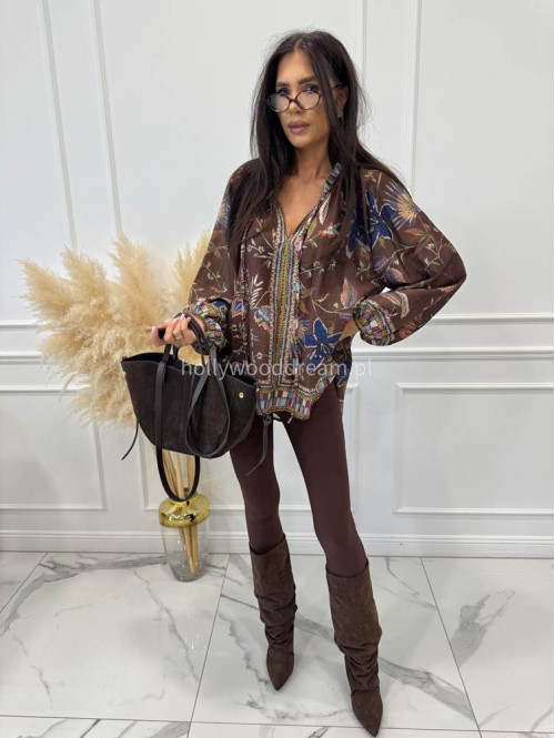 Bluzka oversize z wiązaniem w print kolorowych liści i kwiatów czekoladowa BLUMEN 52 - photo #1
