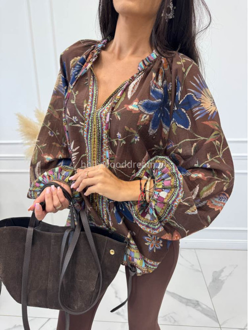 Bluzka oversize z wiązaniem w print kolorowych liści i kwiatów czekoladowa BLUMEN 52 - photo #7