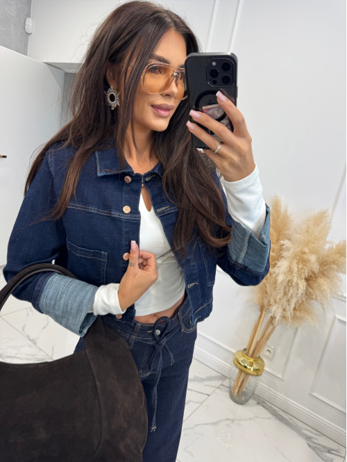 Kurtka jeans z wywiniętymi rękawami ciemny granat CLOE 193