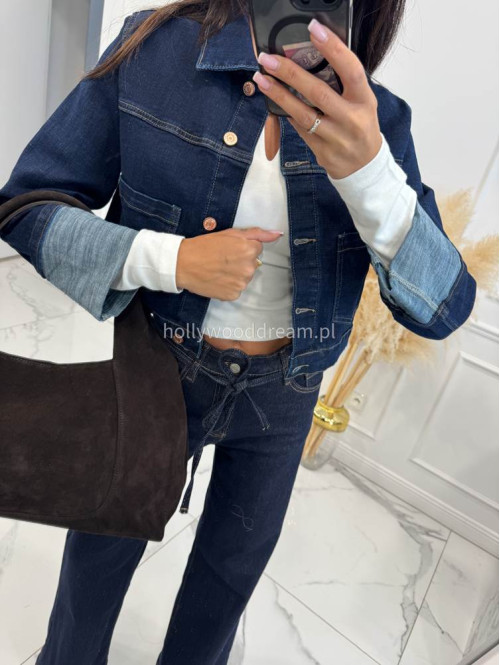 Kurtka jeans z wywiniętymi rękawami ciemny granat CLOE 193 - photo #5