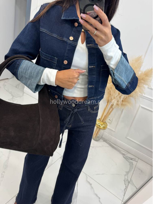 Kurtka jeans z wywiniętymi rękawami ciemny granat CLOE 193 - photo #6