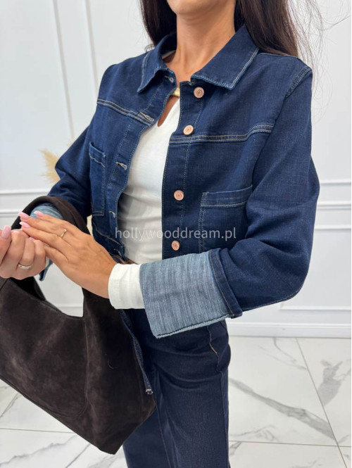 Kurtka jeans z wywiniętymi rękawami ciemny granat CLOE 193 - photo #16