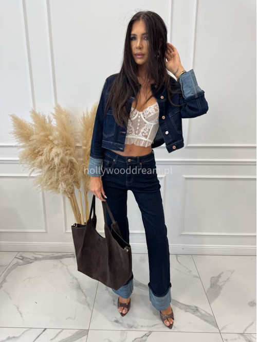 Kurtka jeans z wywiniętymi rękawami ciemny granat CLOE 193 - photo #17