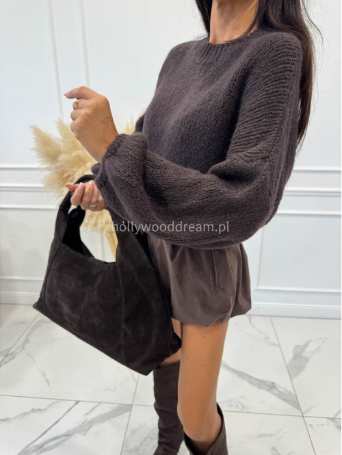 Sweter dziergany z opuszczonymi ramionami czekoladowy Vivien 94 - photo #1