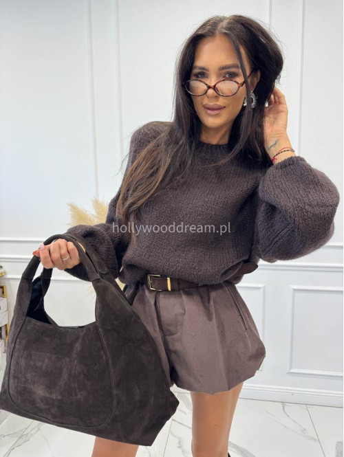 Sweter dziergany z opuszczonymi ramionami czekoladowy Vivien 94 - photo #2