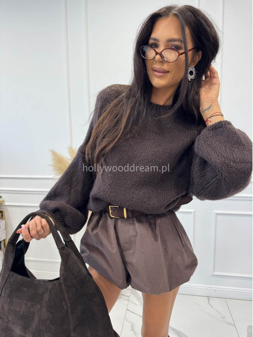 Sweter dziergany z opuszczonymi ramionami czekoladowy Vivien 94 - photo #3