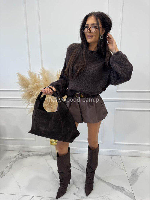 Sweter dziergany z opuszczonymi ramionami czekoladowy Vivien 94 - photo #7