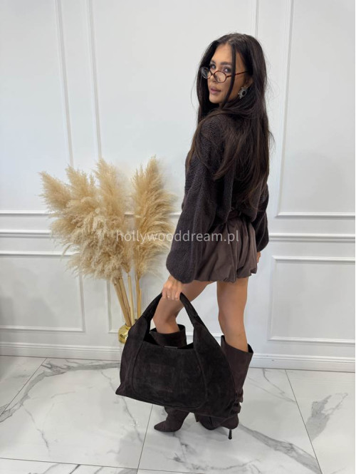 Sweter dziergany z opuszczonymi ramionami czekoladowy Vivien 94 - photo #8