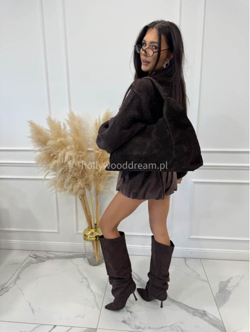 Sweter dziergany z opuszczonymi ramionami czekoladowy Vivien 94 - photo #9